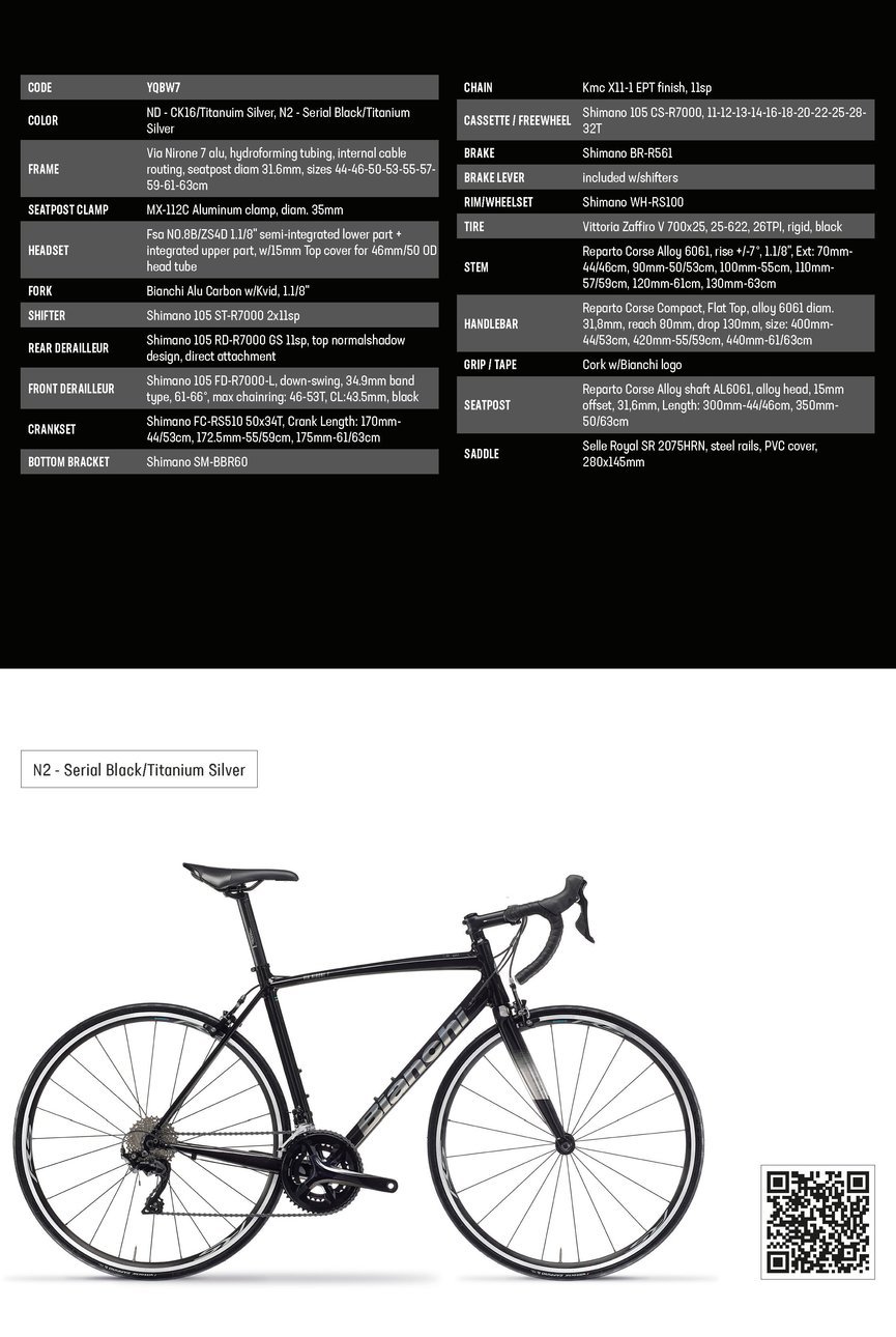 Bianchi road bike VIA NIRONE 7 Shimano 105 11sp - 2022 Product specifications